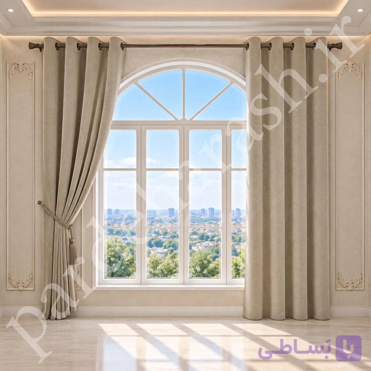 پرده آماده پانچی ، مدل مخمل دلاریس براق ، رنگ بژ شنی ، کد Delaris-46