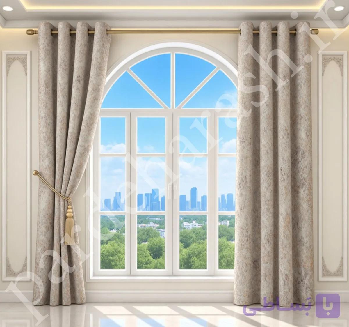پرده آماده پانچی ، مدل مخمل پتینه طلاکوب سیتاو ، رنگ کرم شیری ، کد SITAV-108