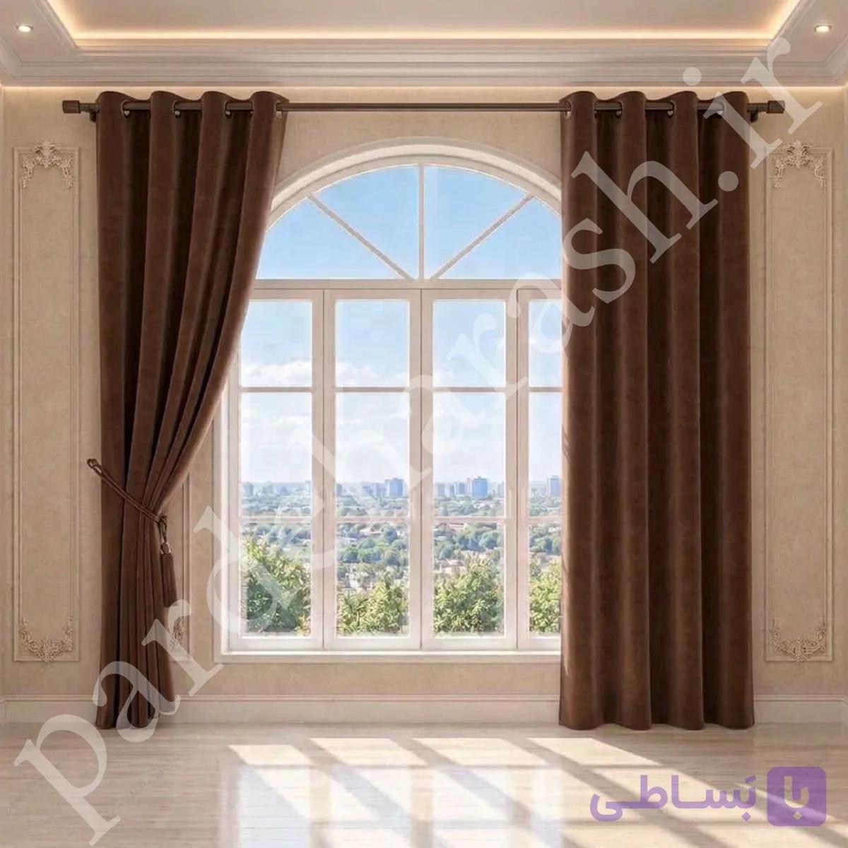 پرده آماده پانچی ، مدل مخمل دلاریس براق ، رنگ قهوه ای شکلاتی ، کد Delaris-48