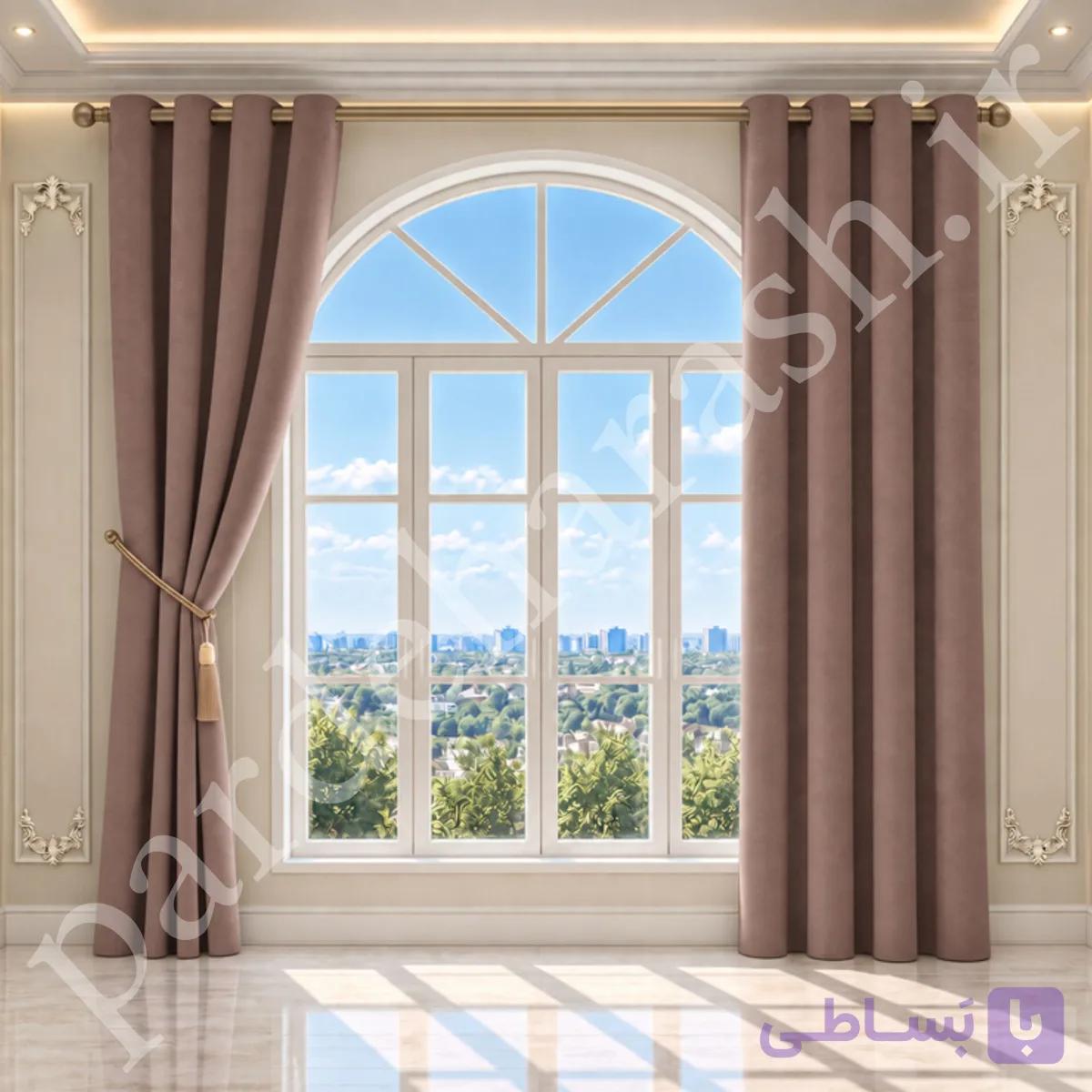 پرده آماده پانچی ، مدل مخمل دلاریس براق ، رنگ قهوه ای موکا ، کد Delaris-47