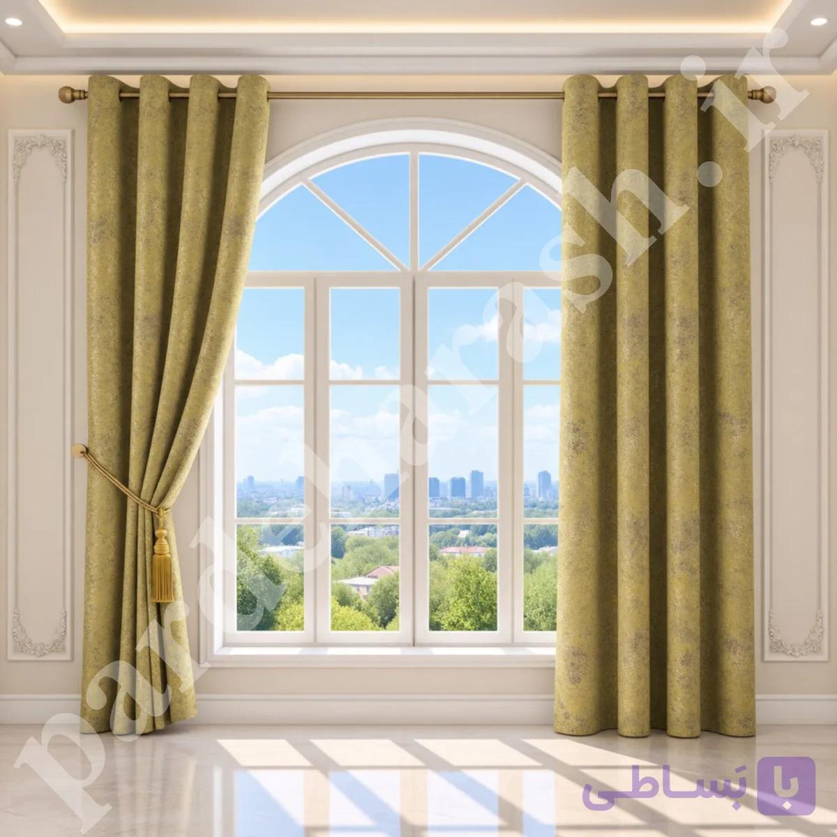 پرده آماده پانچی ، مدل مخمل پتینه طلاکوب سیتاو ، رنگ خردلی ، کد SITAV-115