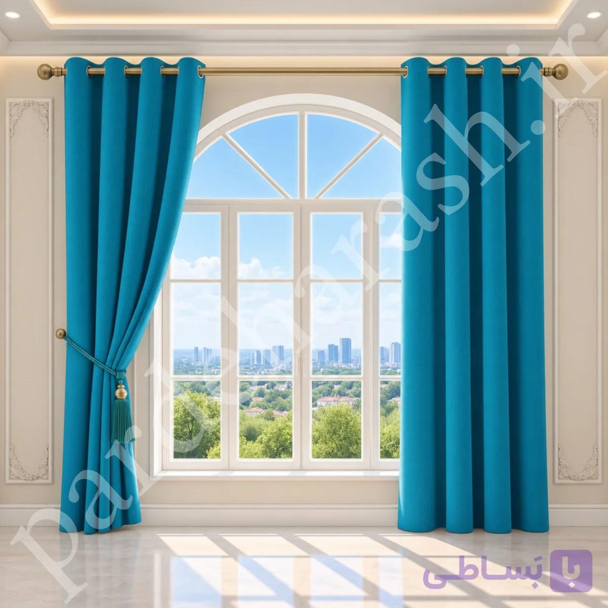 پرده آماده پانچی ، مدل هازان ایرانی ، رنگ آبی فیروزه‌ای روشن ، کد Hazan-1020