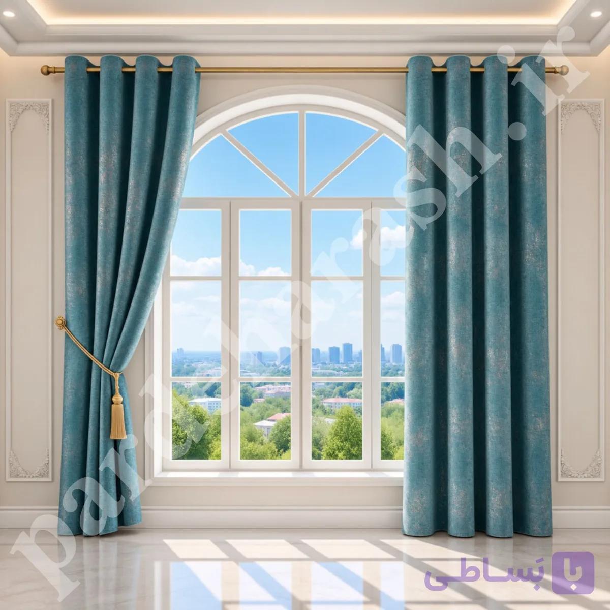 پرده آماده پانچی ، مدل مخمل پتینه طلاکوب سیتاو ، رنگ آبی فیروزه ای روشن ، کد SITAV-32