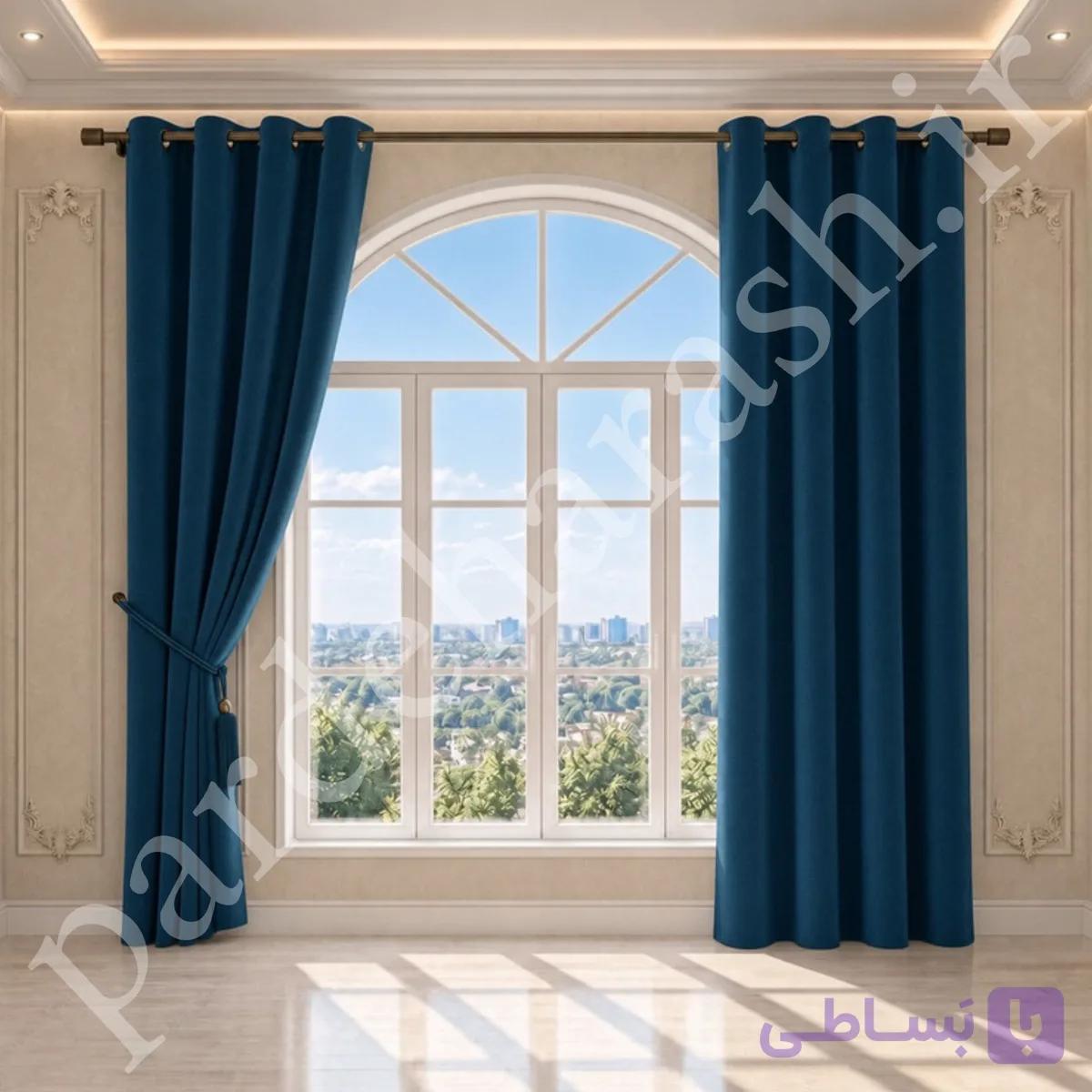 پرده آماده پانچی ، مدل مخمل دلاریس براق ، رنگ آبی نفتی تیره ، کد Delaris-30