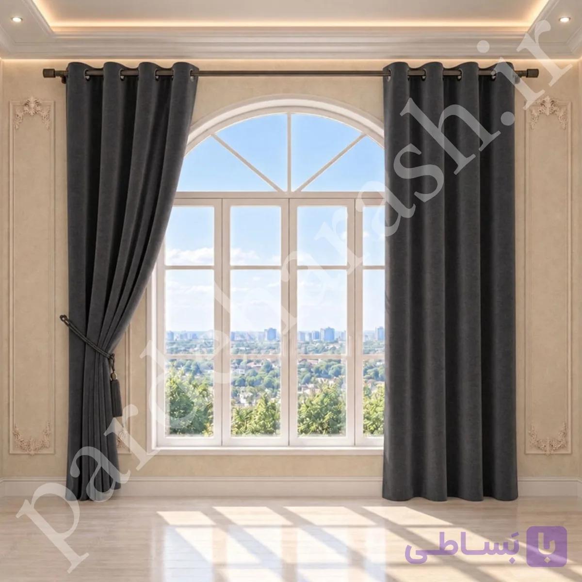 پرده آماده پانچی ، مدل مخمل دلاریس براق ، رنگ طوسی زغالی ، کد Delaris-50