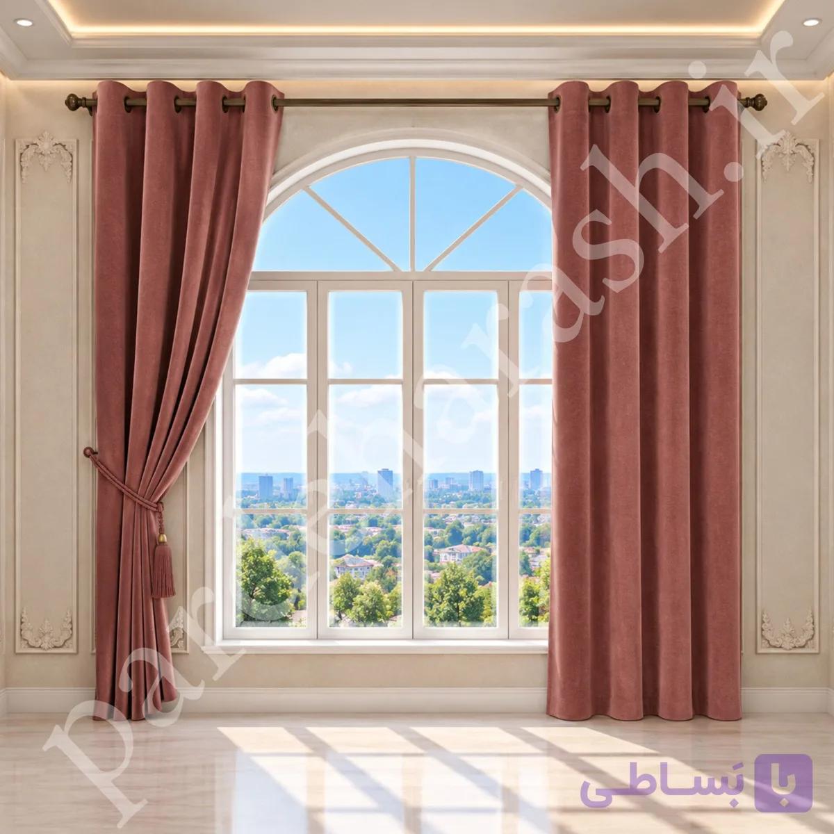پرده آماده پانچی ، مدل مخمل دلاریس براق ، رنگ صورتی آجری یا رزگلی چرک ، کد Delaris-36