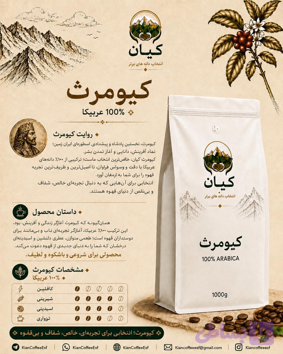 دانه قهوه برشته شده “کیومرث” کیان ۱۰۰٪ عربیکا