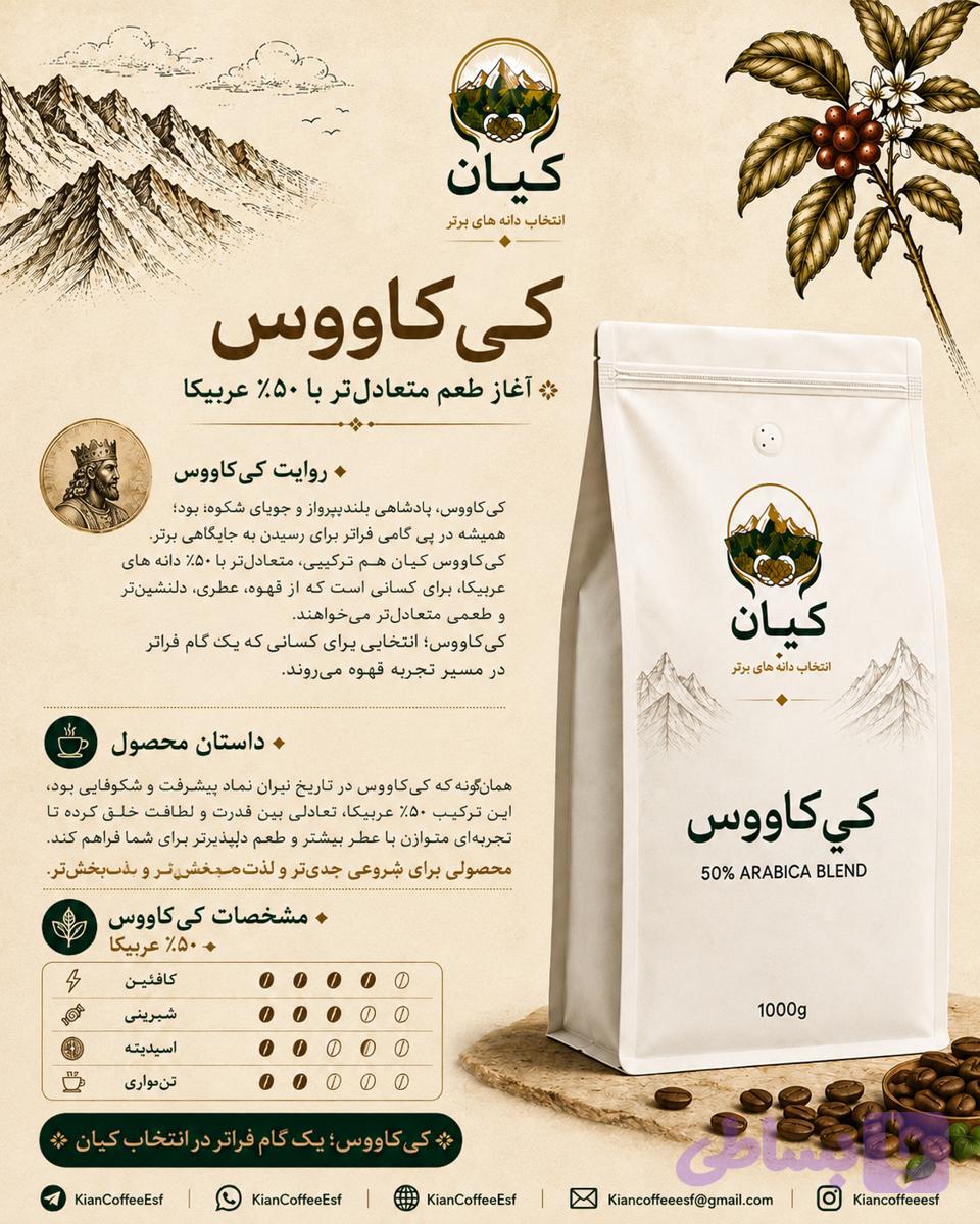 دانه قهوه برشته شده “کی‌کاووس” کیان ۵۰٪ عربیکا