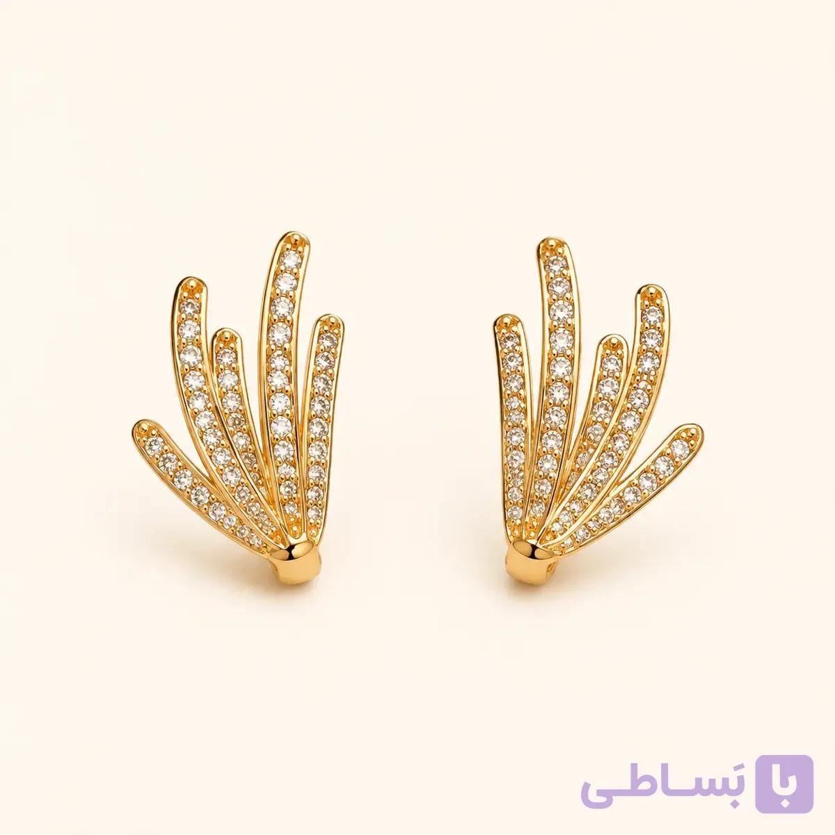خرید گوشواره میخی زنانه بادبزنی نگین‌دار طلایی کد E105| میس‌گالری