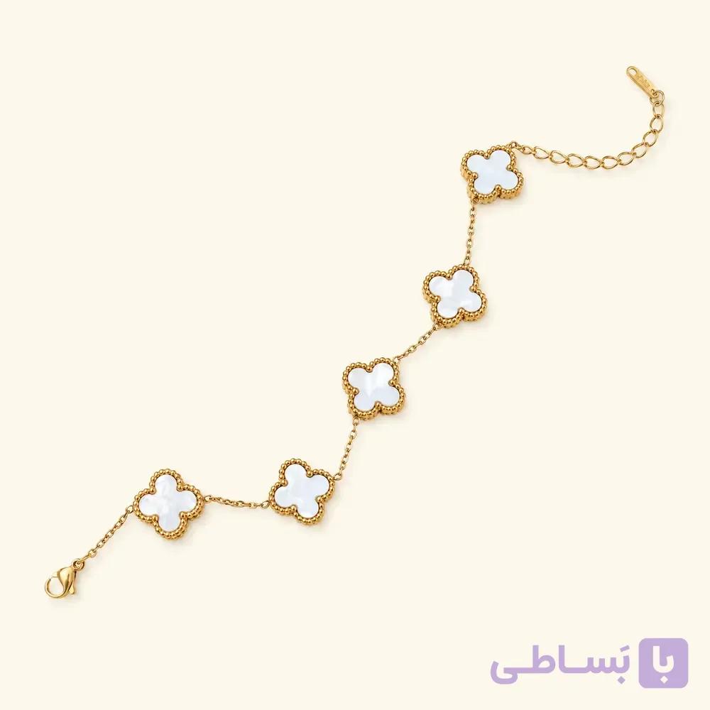 خرید دستبند زنانه شبدر سفید طلایی کد B100| میس‌گالری