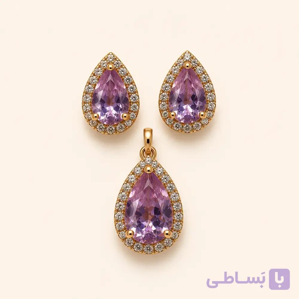 خرید نیم‌ست زنانه اشکی بنفش نگین‌دار کد S100 | میس‌گالری