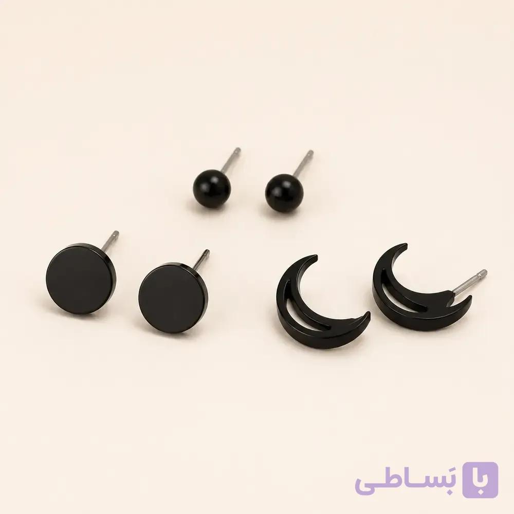 ست سه‌جفتی گوشواره میخی استیل مشکی کد E109 | میس‌گالری