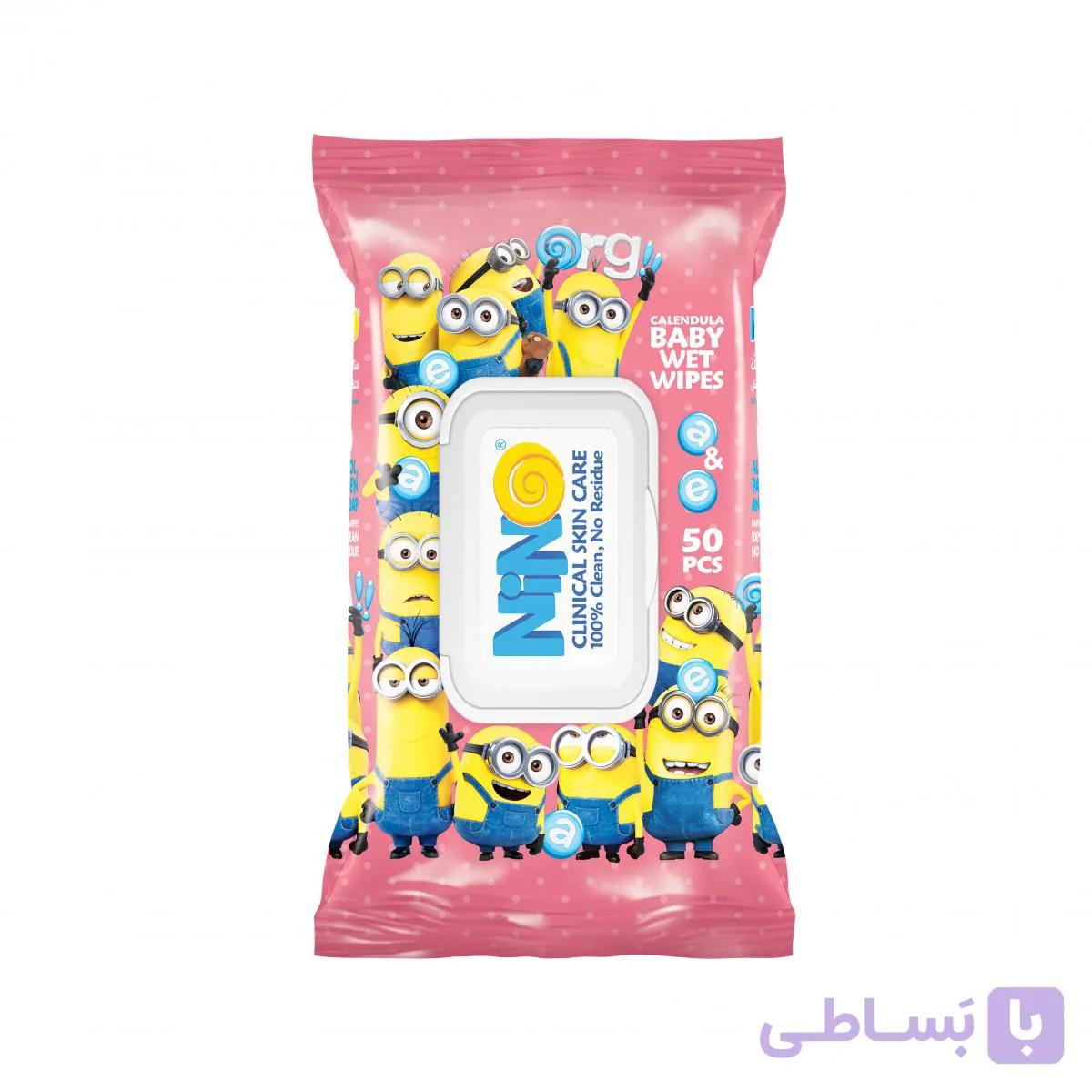 دستمال مرطوب کودک حاوی کالاندولا 50 برگي صورتی مینیون درب دار نینو