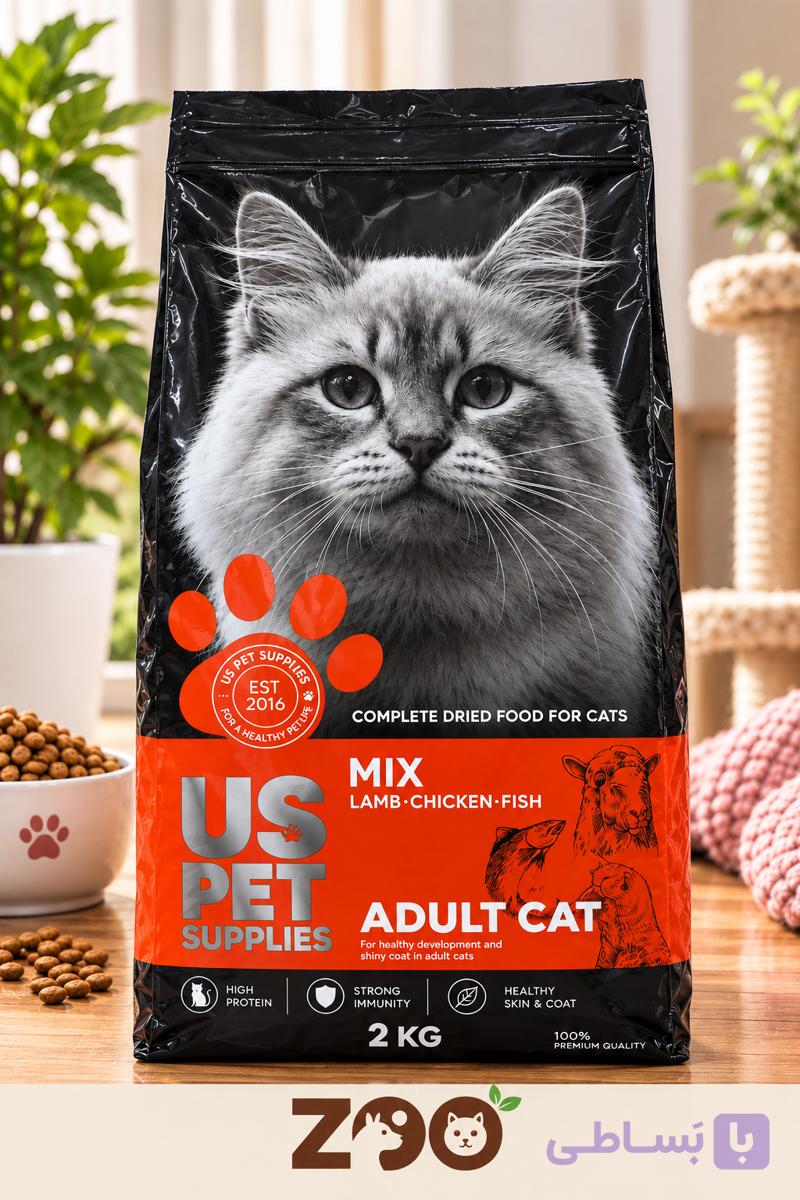 غذای خشک کیتن یو اس پت (US Pet) | طعم میکس گوشت، مرغ و ماهی