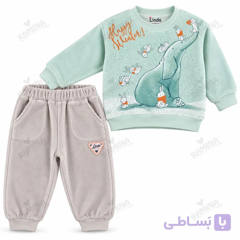 ست بلوز و شلوار مخمل نوزاد و کودک 3 تا 18 ماه طرح خرس قطبی لیندا Linda
