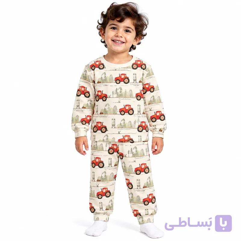 ست بلوز شلوار نخی پسرانه 2 تا 8 سال طرح ماشین رنگی M&M — تصویر 1