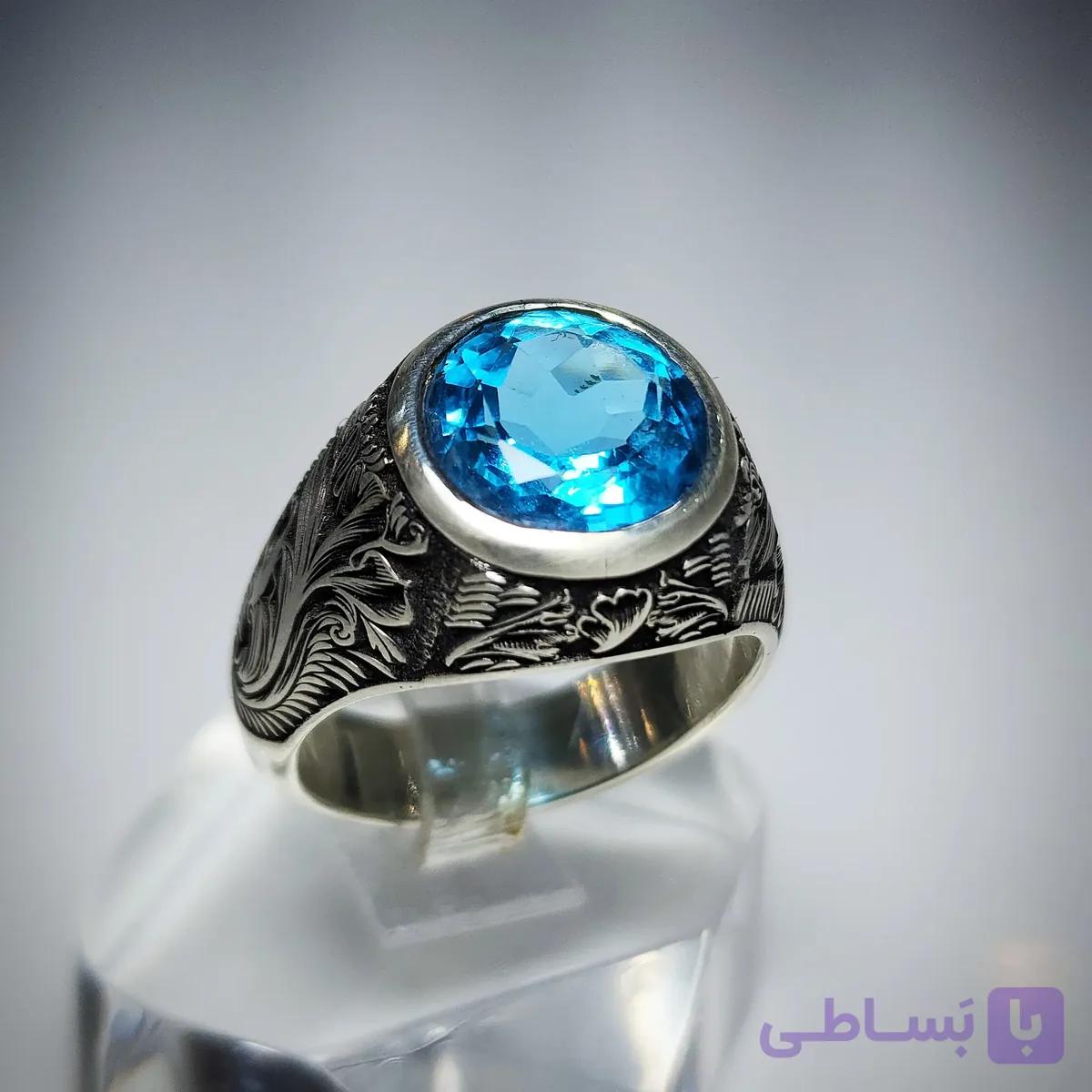 انگشتر توپاز آبی مردانه دستساز و اسپُرت (سفارشی) — تصویر 1