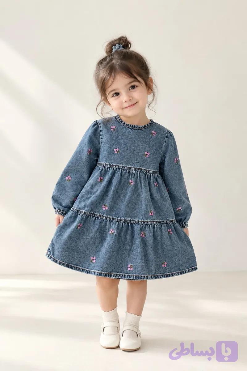 پیراهن جین دخترانه گلدوزی شده