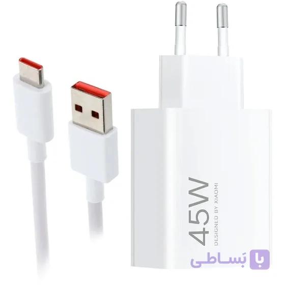 شارژر شیائومی 45 وات دو پین اصل سرکارتنی فوق سریع توربو ثانیه شمار با کابل