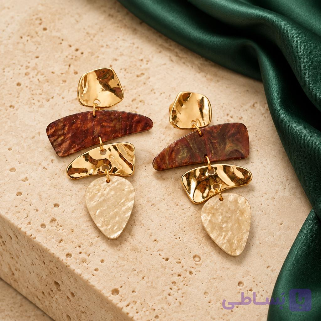 گوشواره استیتمنت آویز چهار فرم کد ۴۰۲۹ | میخ نقره ضدحساسیت و رزین کهربایی