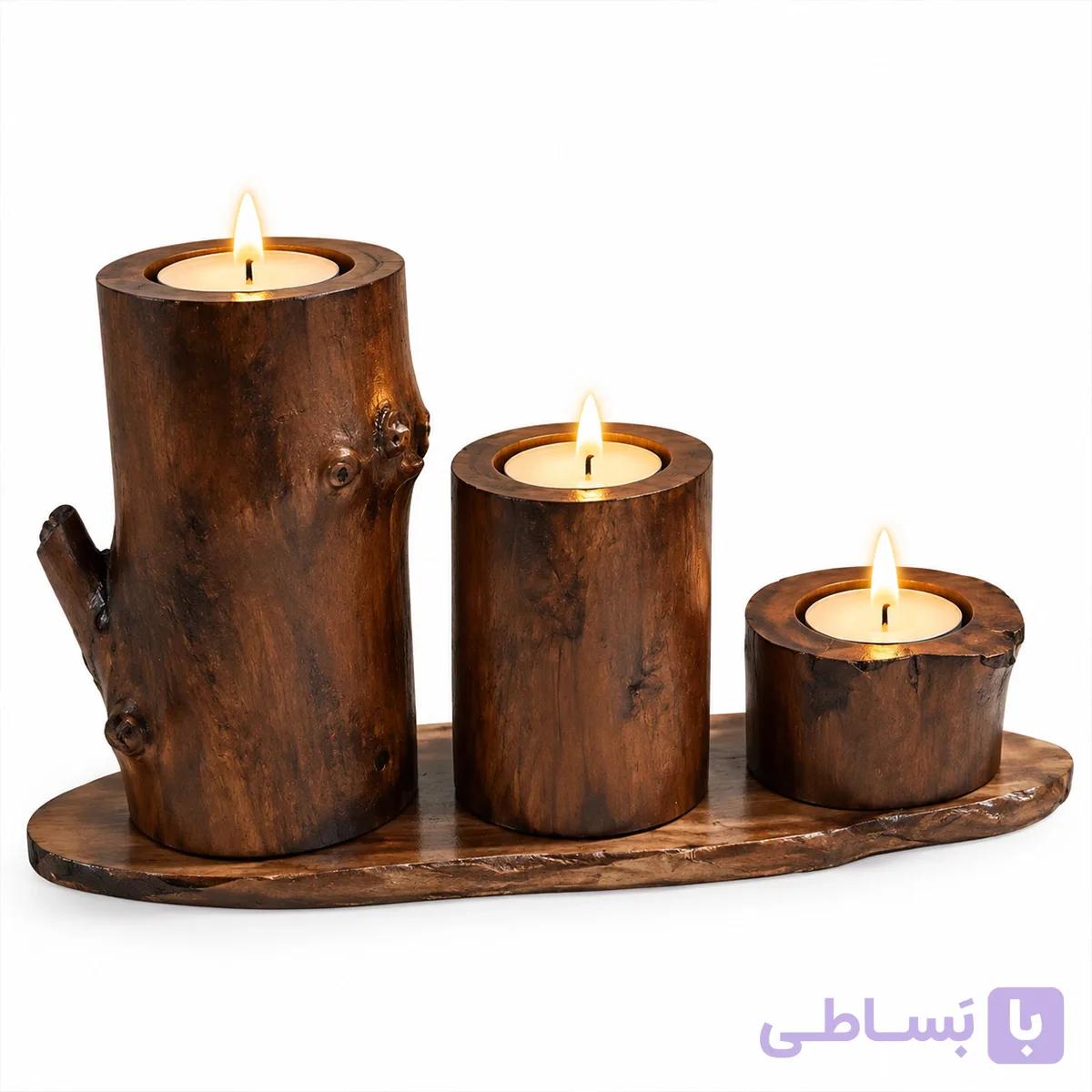 جاشمعی چوبی ۳ شعله طرح تنه درخت | استند شمع وارمر روستیک — تصویر 1