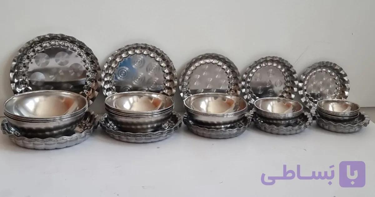 پک ۶۰ پارچه استیل ۶ نفره | سینی سرو غذا و کاسه استیل | خرید اقساطی ترب و اسنپ