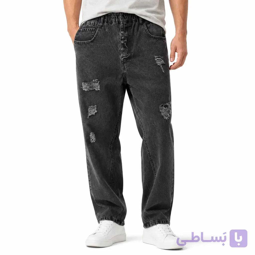 شلوار جین بگی مردانه زغالی واش‌شده – کمر کشی با پچ‌های پارگی (Charcoal Washed Baggy Denim) — تصویر 1