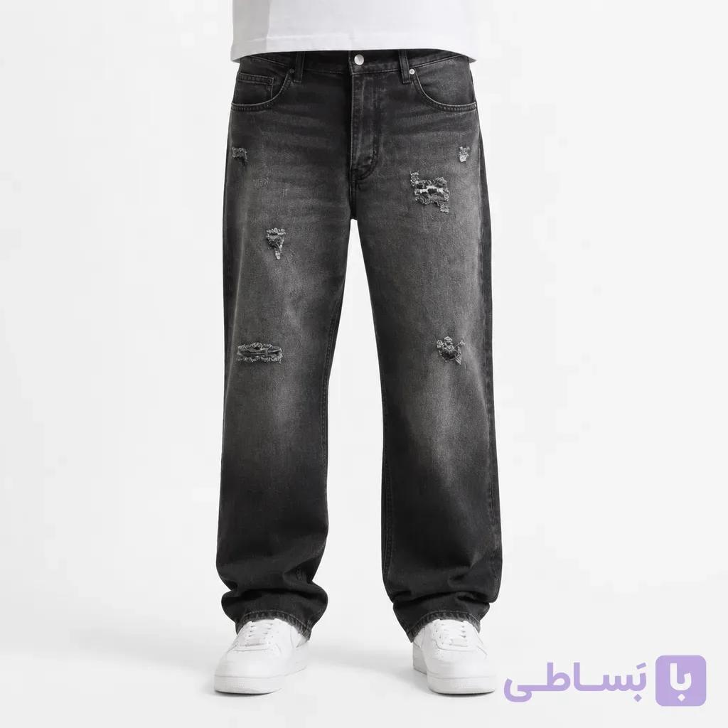 شلوار جین بگی مردانه مشکی دودی واش‌شده – پارگی ران و زانو (Faded Charcoal Baggy Denim) — تصویر 1