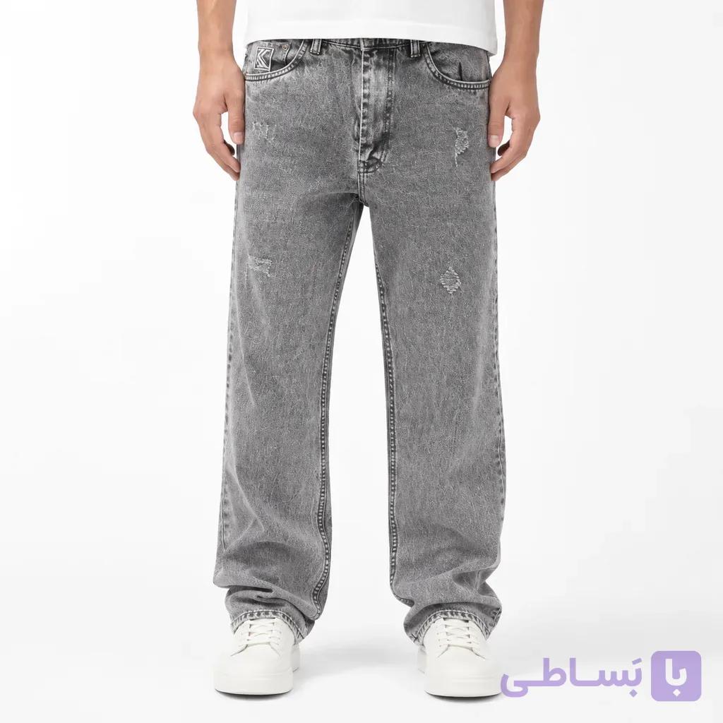 شلوار جین بگی مردانه خاکستری واش‌شده – پارگی جزئی ران (Grey Washed Baggy Denim) — تصویر 1