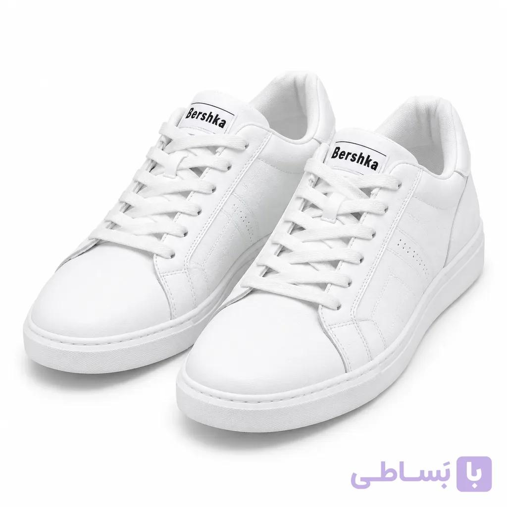 کتانی اسپرت مردانه برشکا (Bershka) مدل مینیمال رویه چرم سفید با زیره لژدار — تصویر 1