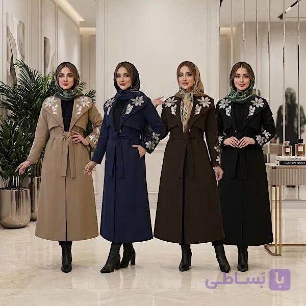پالتو بلند زنانه طرح گلبرگ مزونی؛ هنر نقاشی دست، لایه‌کوبی‌شده و آستردار — تصویر 1