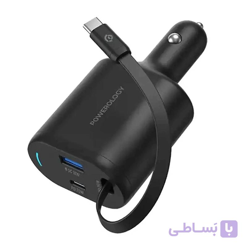 شارژر فندکی خودرو فست شارژ 70 وات با کابل پاورولوژی Powerology PCCSR018 Type-C Retractable Car Charger 70W — تصویر 1