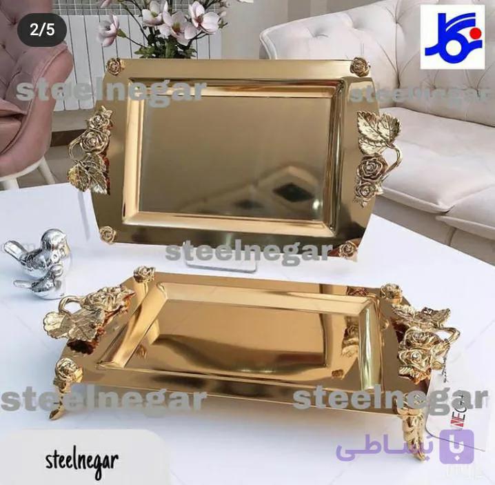 سینی استیل مستطیل طلایی نگار مدل رز