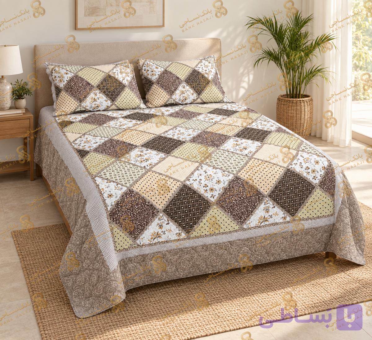 روتختی خلیجی دونفره ۳ تکه طرح چهل‌تکه کرم و قهوه‌ای — تصویر 1