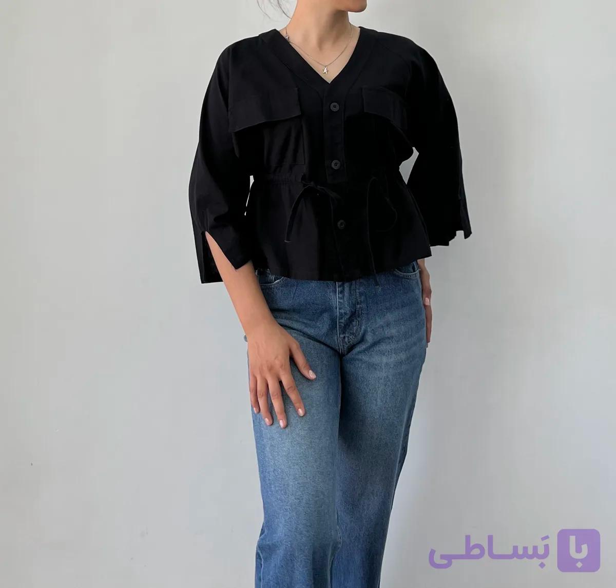 شومیز زنانه عروسکی نخی فری سایز تا ۴۴ رنگ مشکی