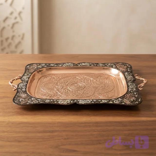 سینی ۶ نفره نقره قلم‌کوب با قلم‌زنی وسط کار — تصویر 1