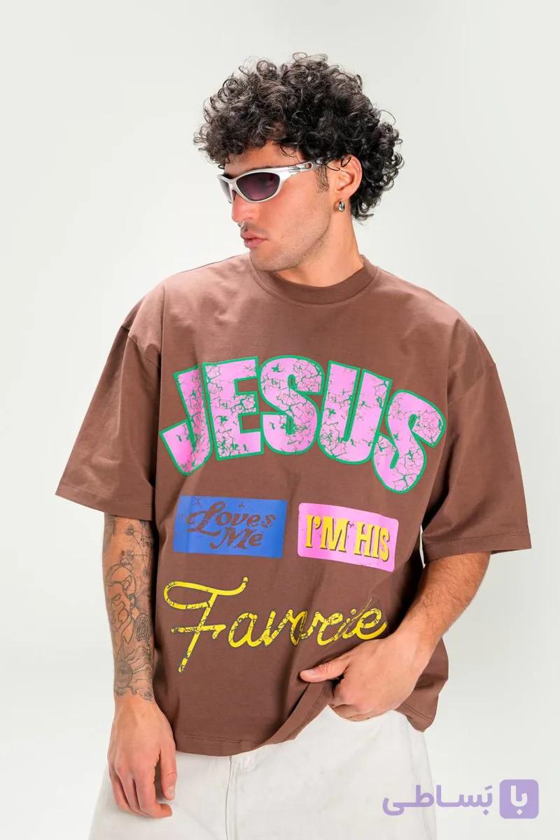 تیشرت باکسی طرح jesus نخ پنبه وارداتی برند yep رنگ قهوه ای