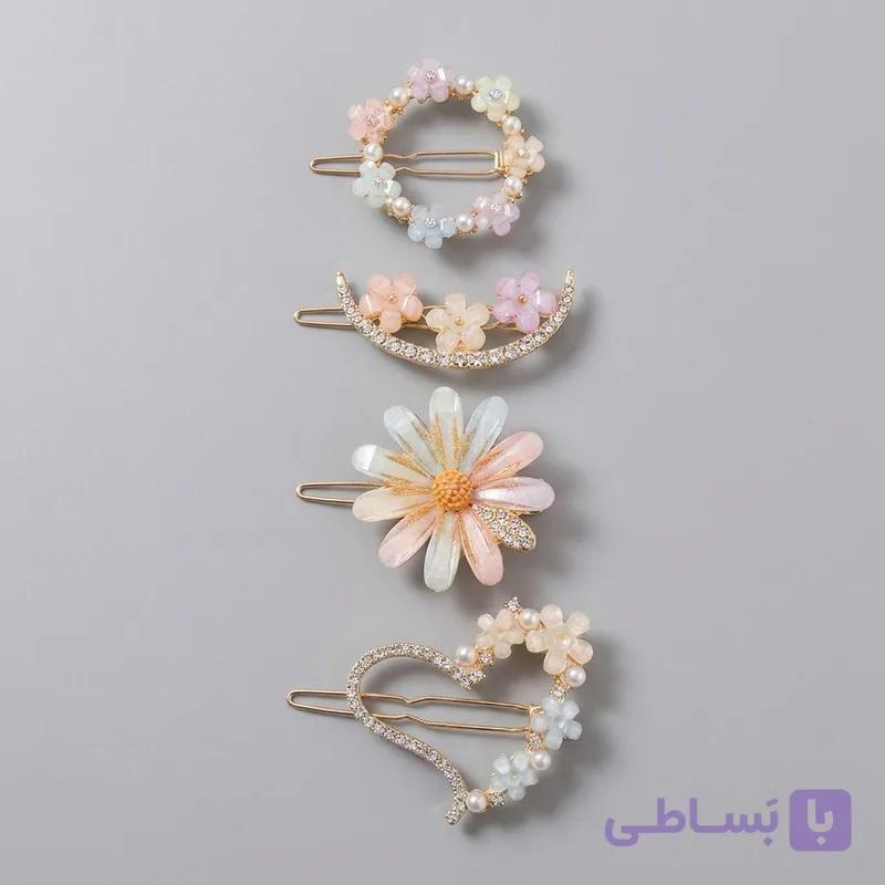 گیره مو زنانه مدل فلزی شکوفه و نگین‌دار بسته 4 عددی — تصویر 1