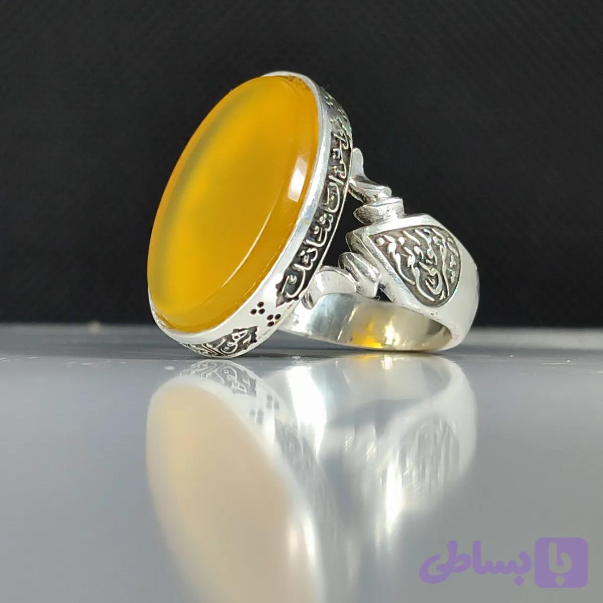 انگشتر نقره باسنگ شرف الشمس قلمزنی رکاب سوره کوثر بغل رکاب حسبنا الله ونعم الوکیل نعم المولا ونعم النصیر کد 2312 — تصویر 1