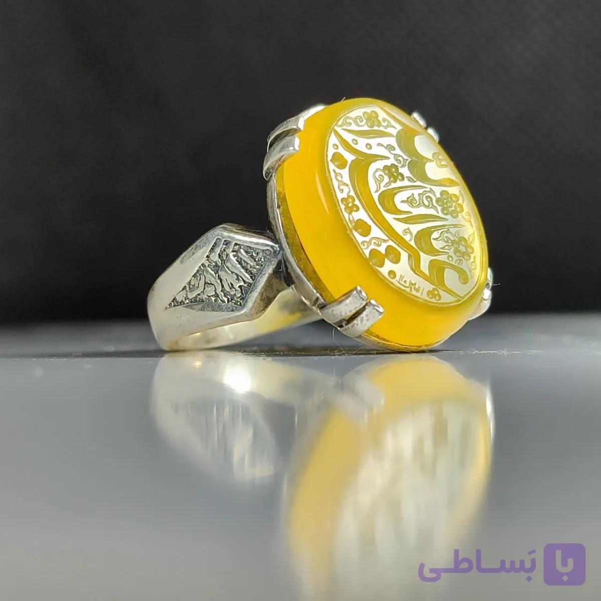 انگشتر نقره باسنگ شرف الشمس حکاکی یا اباعبدلله رکاب چهار چنگ  کد 2464 — تصویر 1
