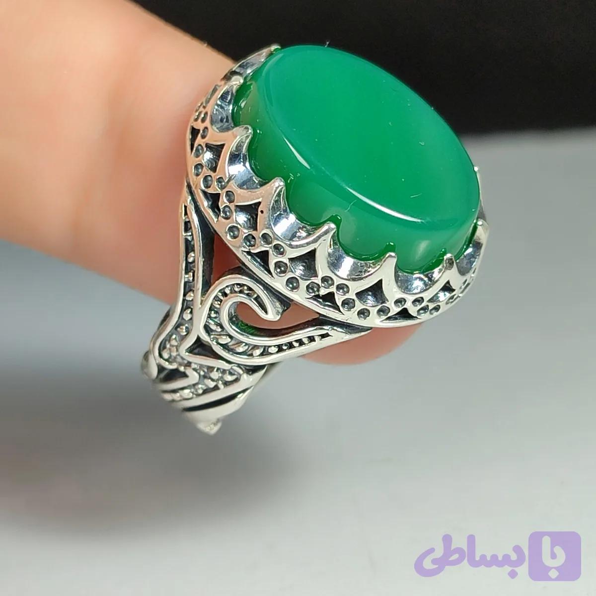 انگشتر نقره باسنگ عقیق سبز رکاب علی کد 2286 — تصویر 1