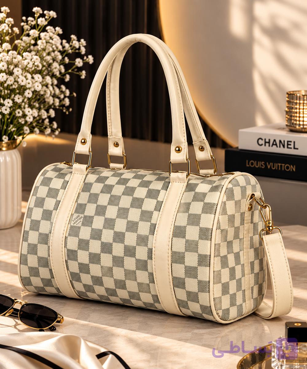 کیف دستی و دوشی زنانه چهارخانه کرم طوسی