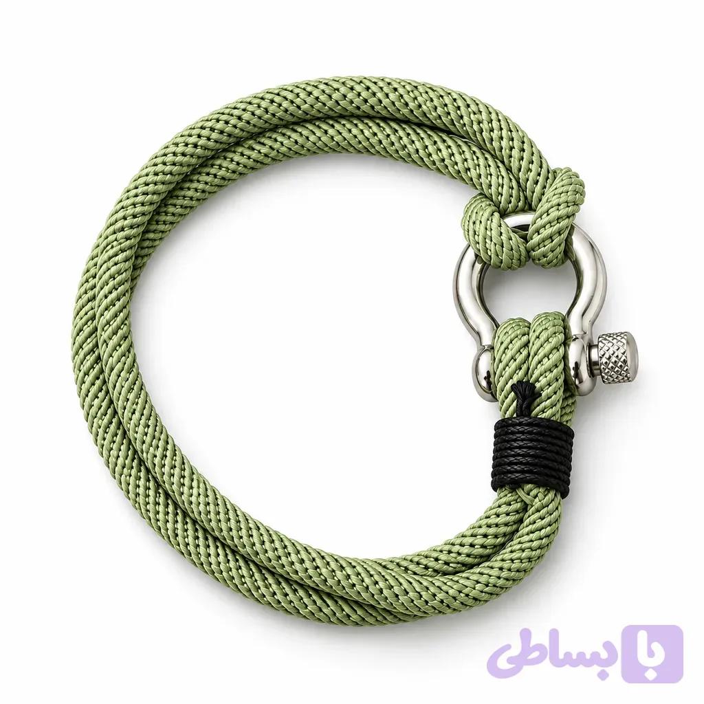 دستبند طنابی مردانه سبز زیتونی با قفل شگل نقره‌ای مدل دو دور — تصویر 1
