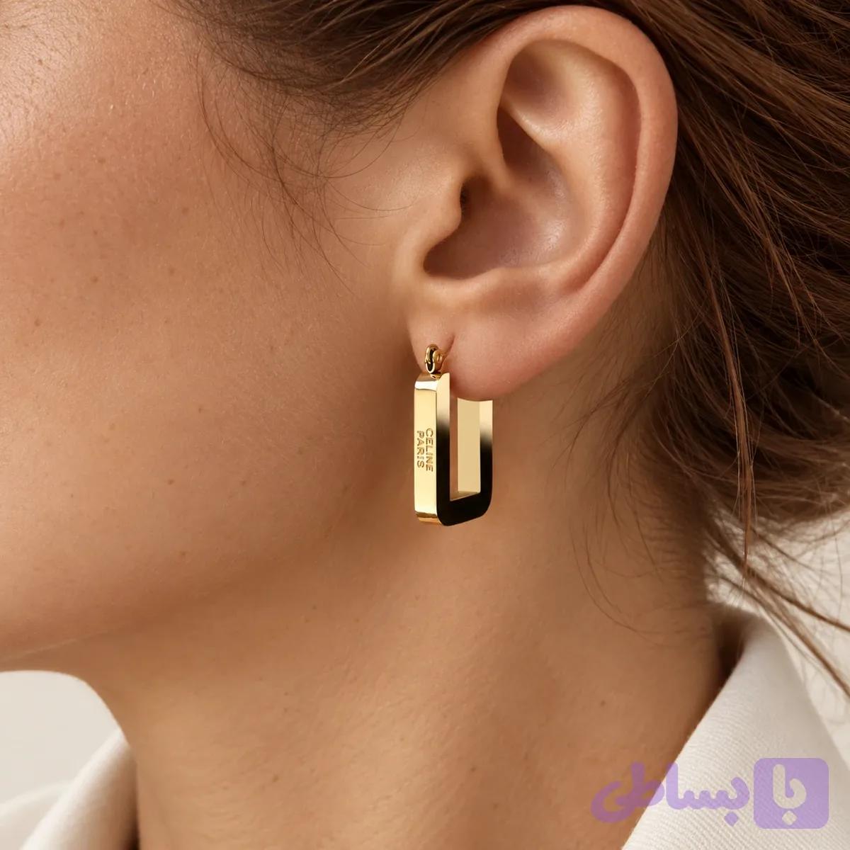 گوشواره حلقه‌ای زنانه مدل سلین پاریس (CELINE PARIS) طلایی مستطیلی — تصویر 1