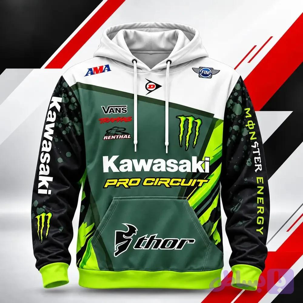 هودی تو پنبه‌ای طرح Kawasaki Monster Energy سبز مشکی — تصویر 1