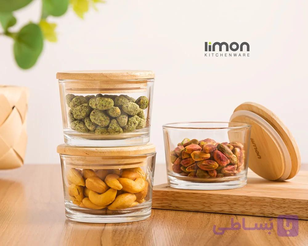 ظرف شیشه ای گرد لیمون 190 میلی لیتری درب چوبی — تصویر 1