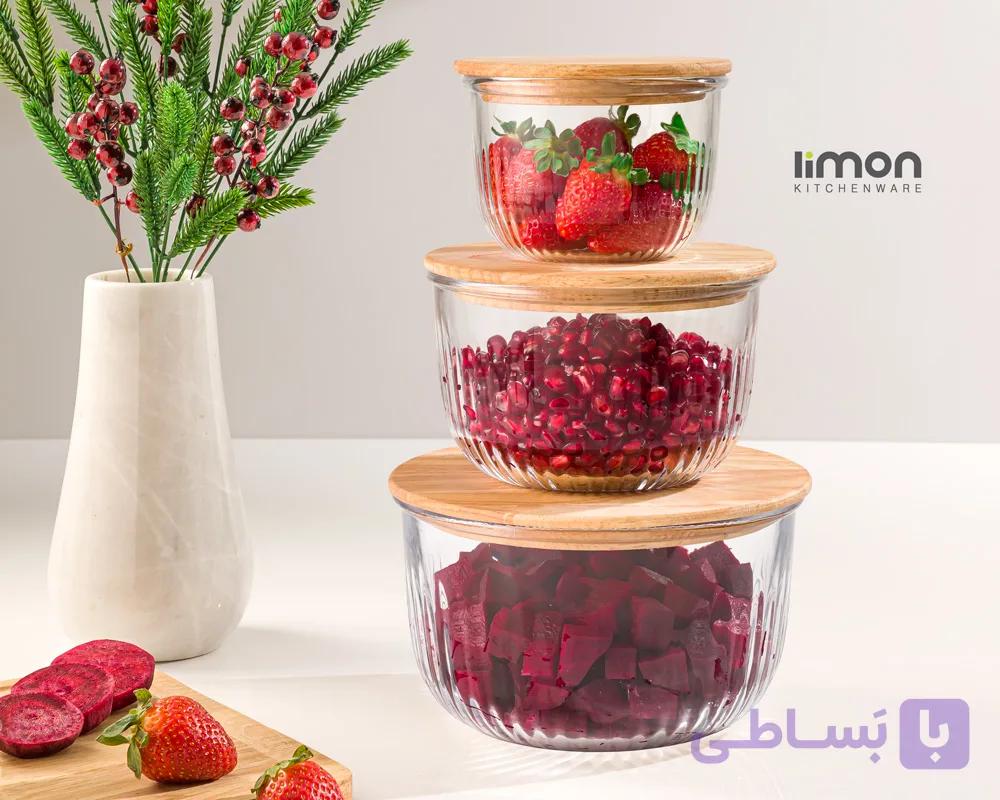 ست کاسه گرد شیشه ای لیمون شیاردار درب چوبی — تصویر 1