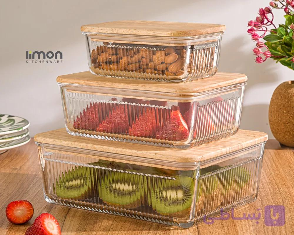 ست ظرف شیشه ای مستطیل لیمون شیاردار درب چوبی — تصویر 1