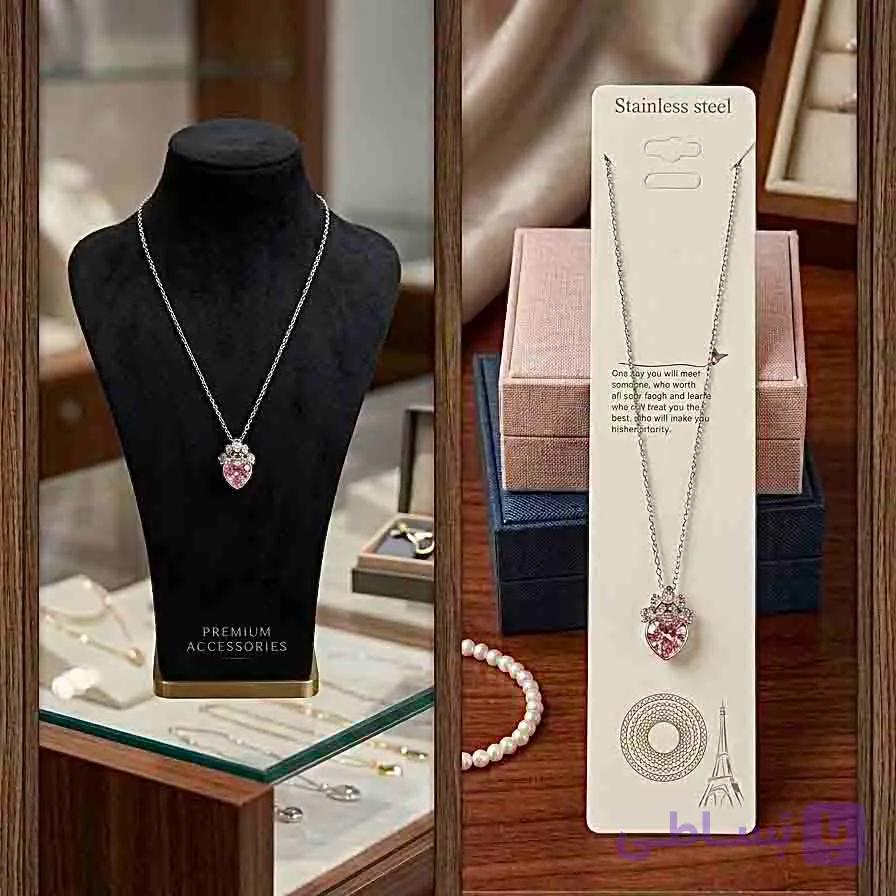گردنبند استیل دخترانه نگین صورتی کد (5784)