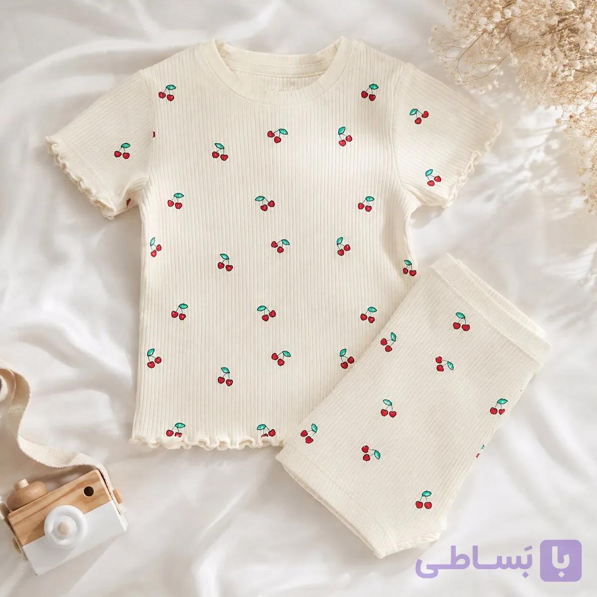 ست بلوز و شلوار نخی کبریتی دخترانه طرح آلبالو وارداتی — تصویر 1